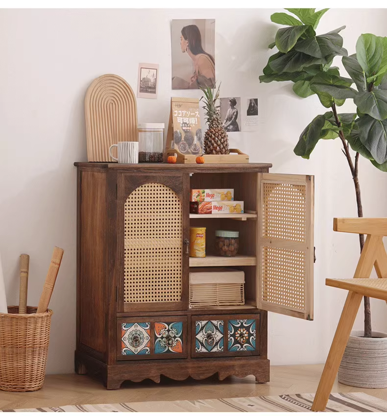 美式斗柜复古收纳柜子卧室田园客厅餐边柜简约藤编储物柜阳台鞋柜,淘宝优惠券,粉丝福利购,淘宝优惠卷