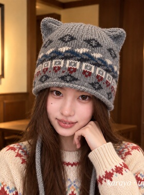 秋冬猫耳系带护耳保暖冷帽女款