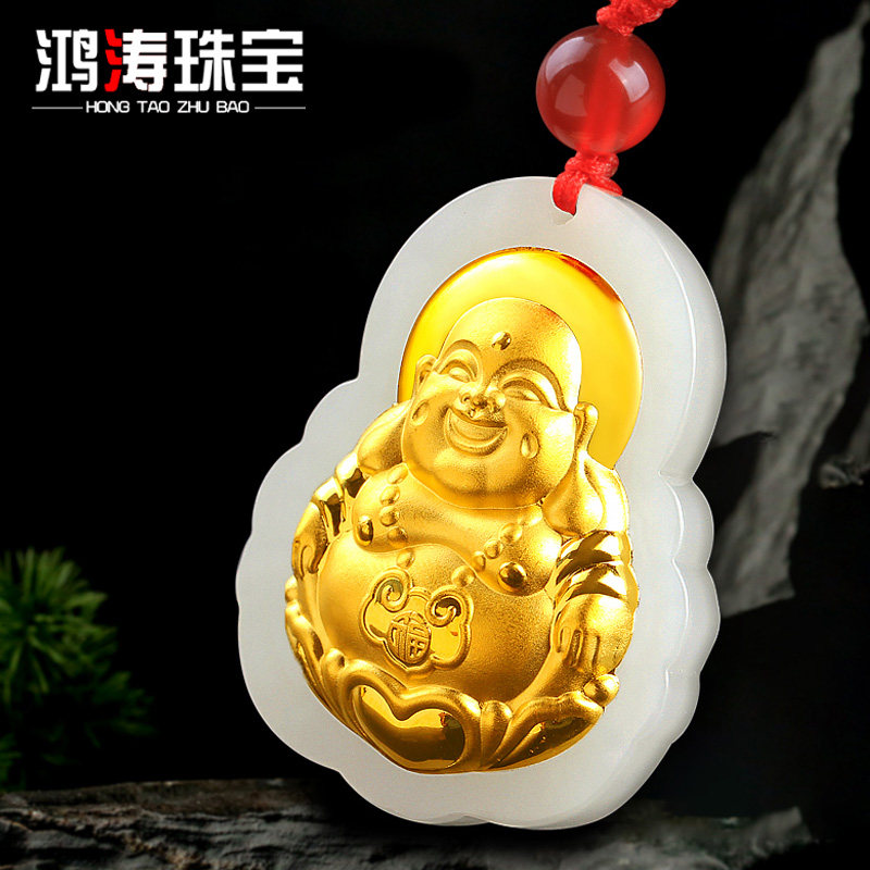 开光黄金镶玉和田玉观音弥勒佛玉佩 鸿涛颈饰