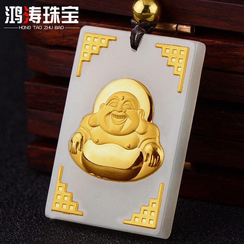 黄金镶玉观音和田玉女情侣款吊坠 鸿涛项坠/吊坠