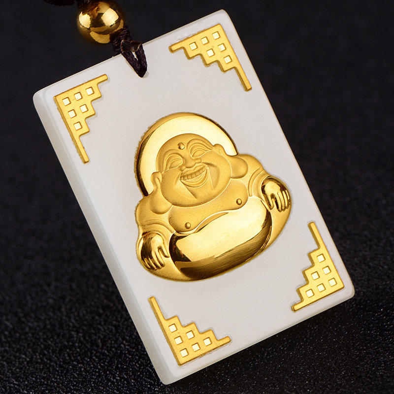 黄金镶玉观音和田玉女情侣款吊坠 鸿涛项坠/吊坠