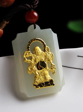 观音男女款足金镶嵌情侣玉吊坠