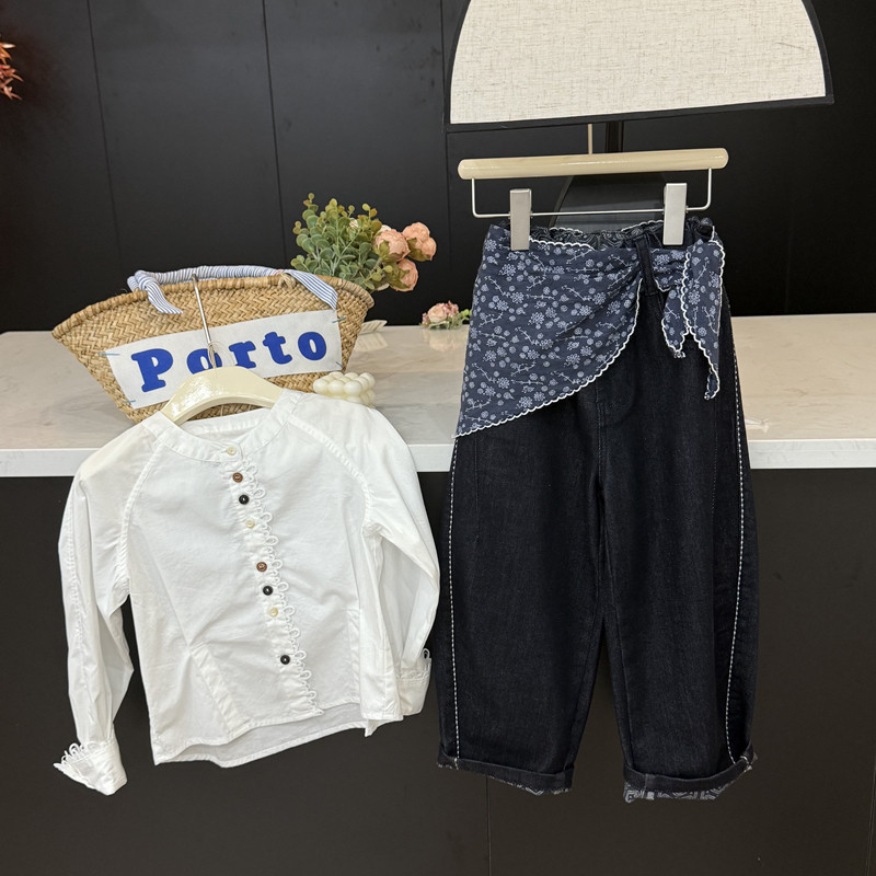 leomama设计师风女童屁帘牛仔裤秋季儿童阔腿裤宽松休闲童装裤子