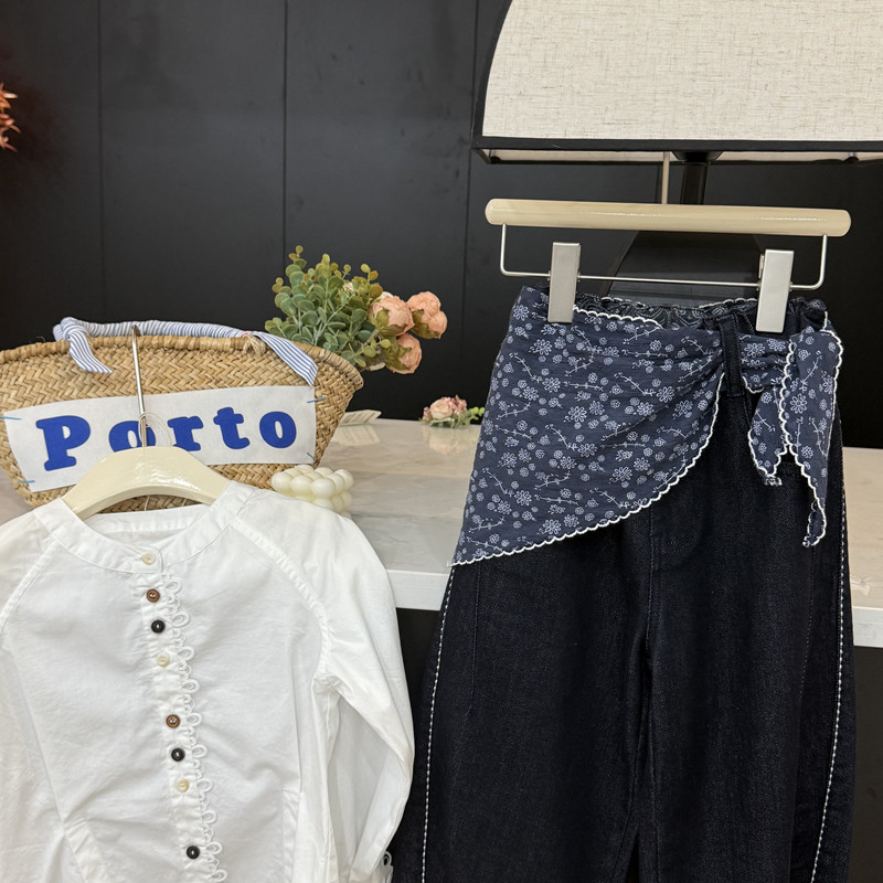 leomama设计师风女童屁帘牛仔裤秋季儿童阔腿裤宽松休闲童装裤子