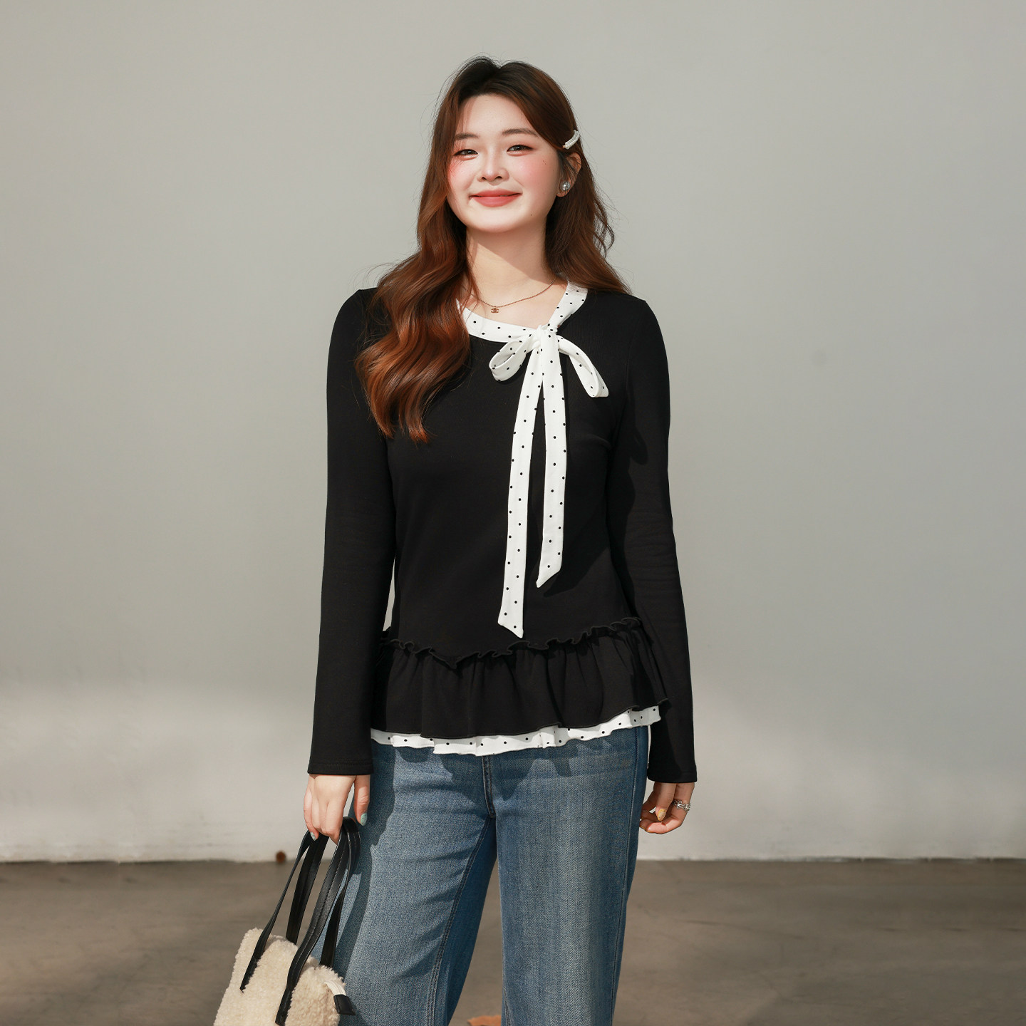 DM100大码百分百女装微胖mm冬季撞色波点系带收腰双层花边打底T恤,淘宝优惠券,粉丝福利购,淘宝优惠卷