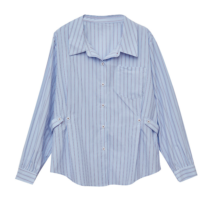 DM100大码百分百女装秋季微胖mm韩系百搭显瘦收腰纯棉条纹衬衫