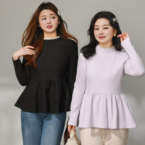 DM100大码百分百女装微胖mm冬季半高领花边收腰散摆打底德绒T恤 - 图1