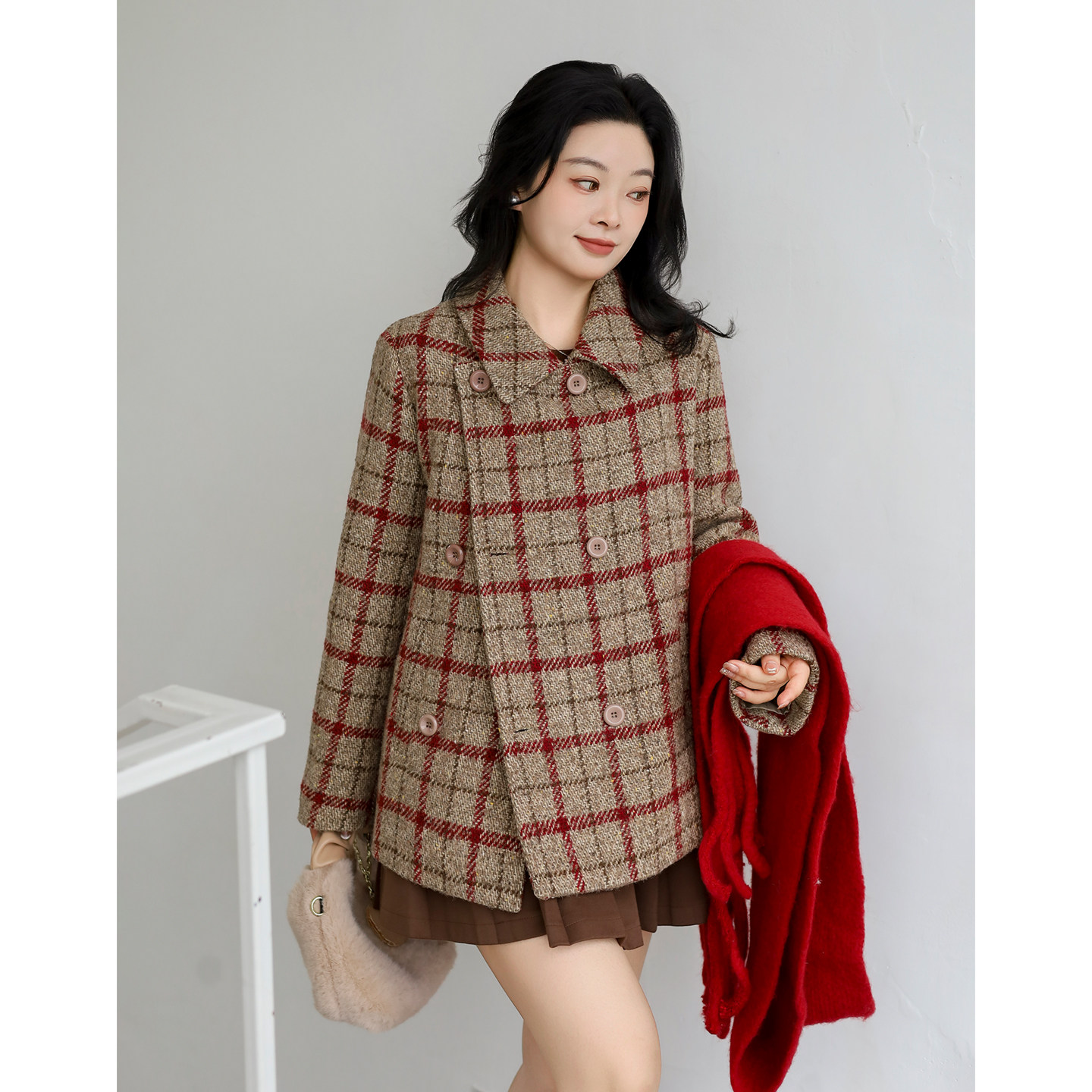【年终清仓】DM100大码女红咖色格纹正肩长短小香风编织毛呢外套,淘宝优惠券,粉丝福利购,淘宝优惠卷