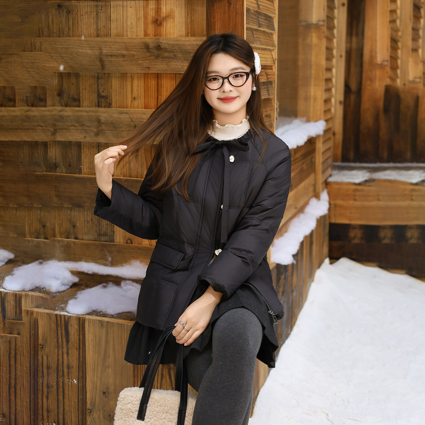 DM100大码百分百女微胖mm冬季蝴蝶结系带插肩轻薄短款羽绒服外套