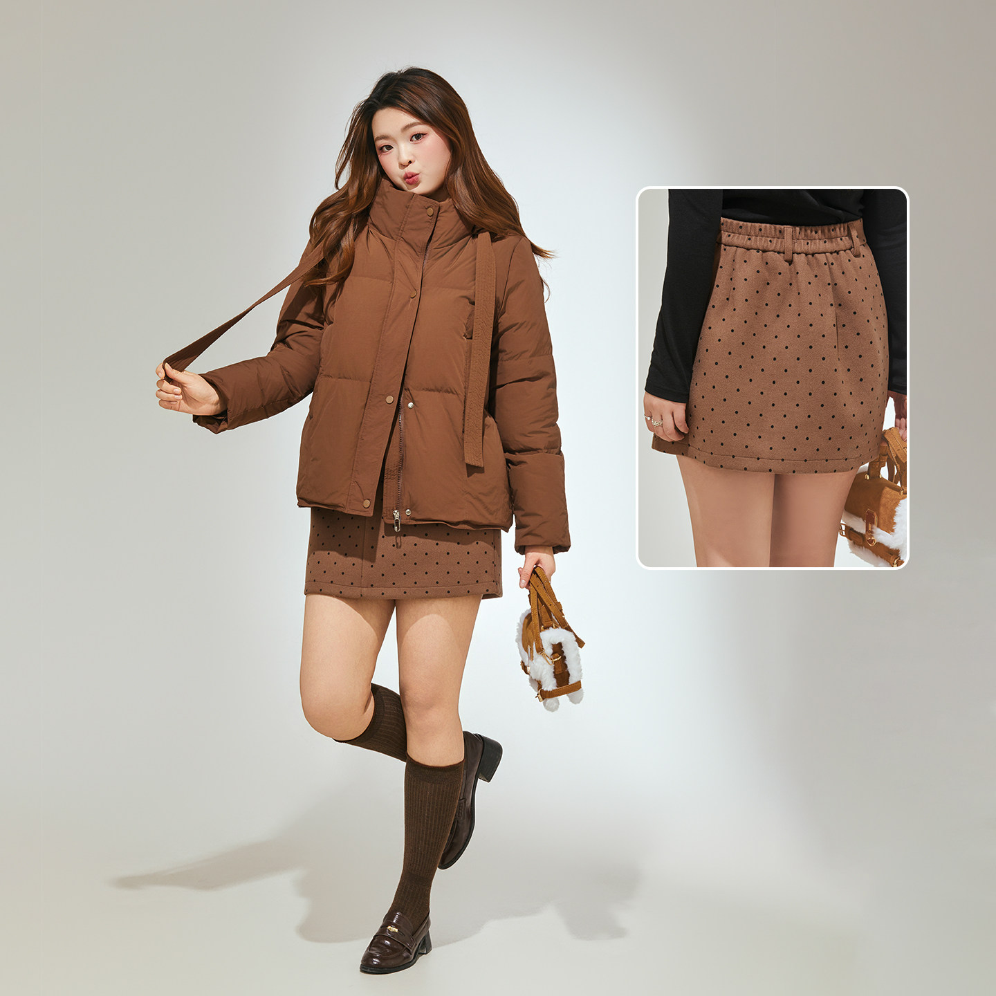 DM100大码百分百女装微胖mm冬季百搭咖色波点短款加厚毛呢半身裙,淘宝优惠券,粉丝福利购,淘宝优惠卷