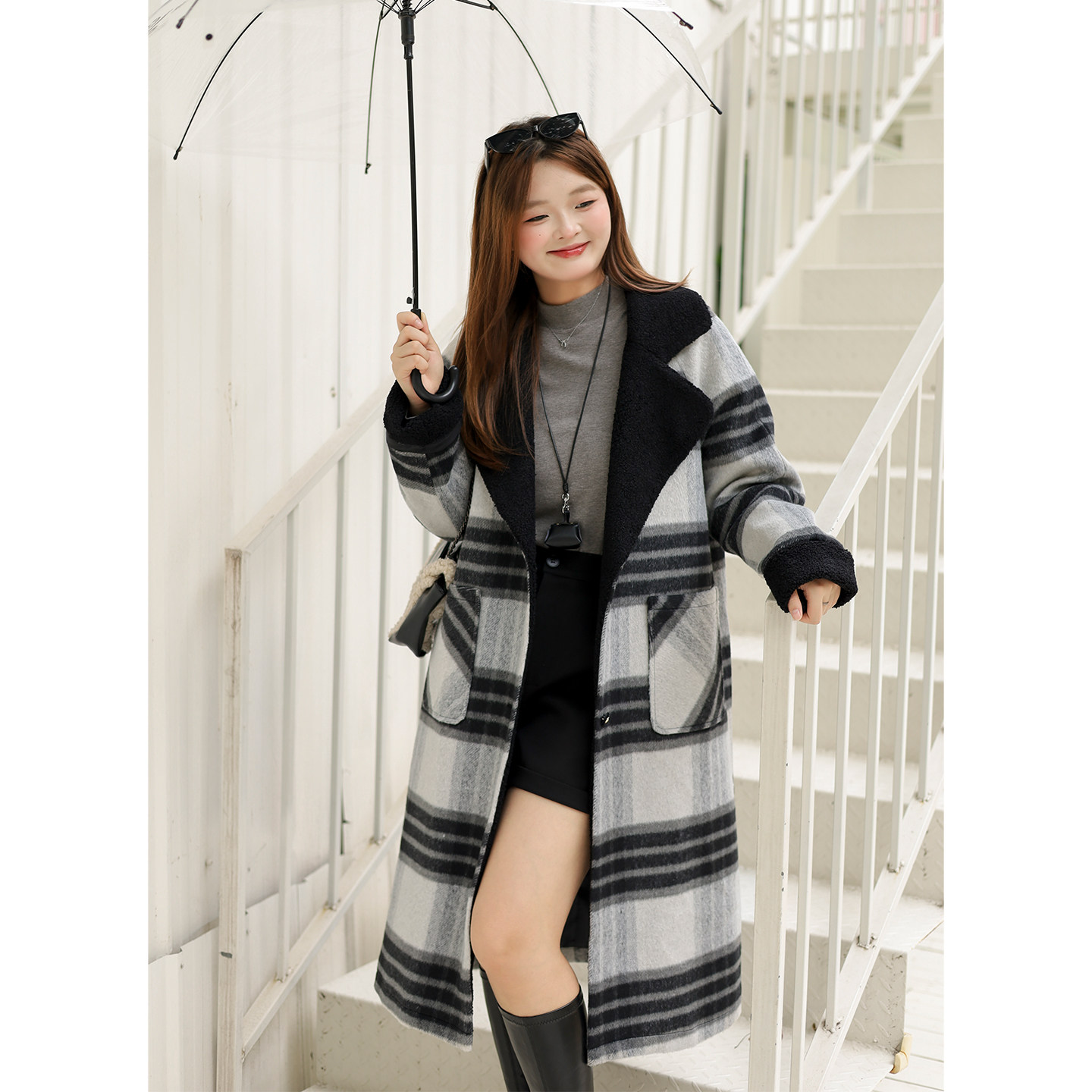 DM100大码百分百女装微胖mm秋冬黑白格纹插肩袖高克重毛呢外套,淘宝优惠券,粉丝福利购,淘宝优惠卷