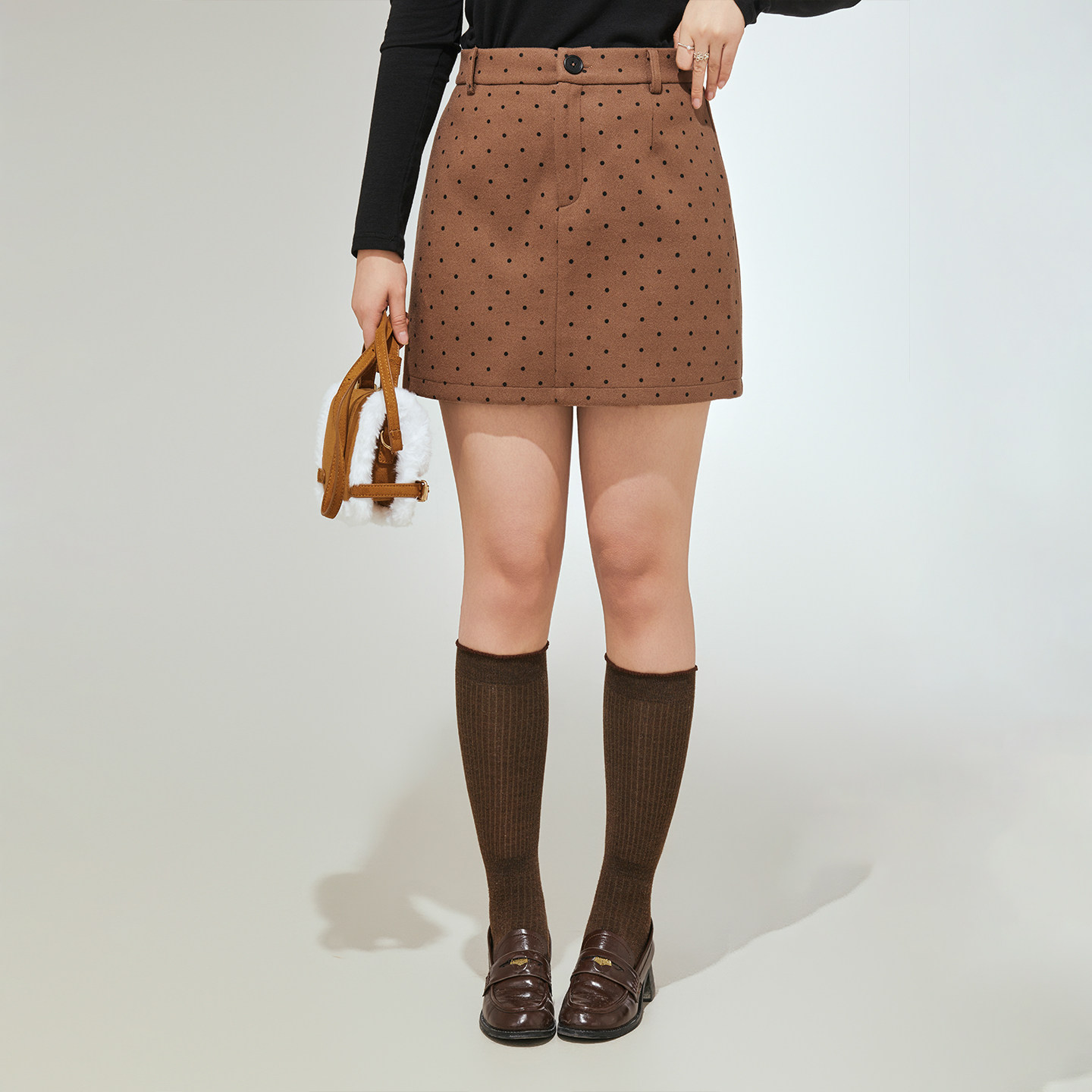 DM100大码百分百女装微胖mm冬季百搭咖色波点短款加厚毛呢半身裙,淘宝优惠券,粉丝福利购,淘宝优惠卷