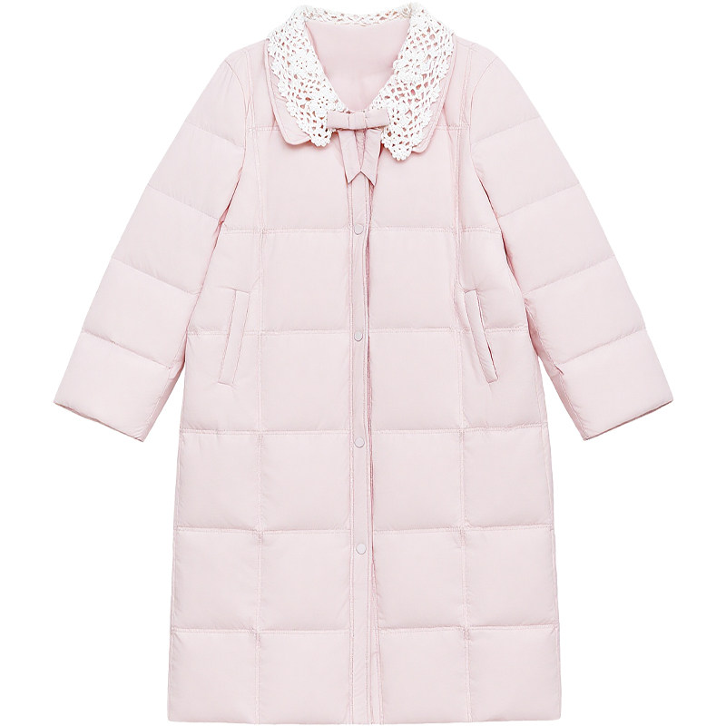 DM100大码百分百女装微胖mm冬季花边翻领正肩收腰长款羽绒服外套,淘宝优惠券,粉丝福利购,淘宝优惠卷