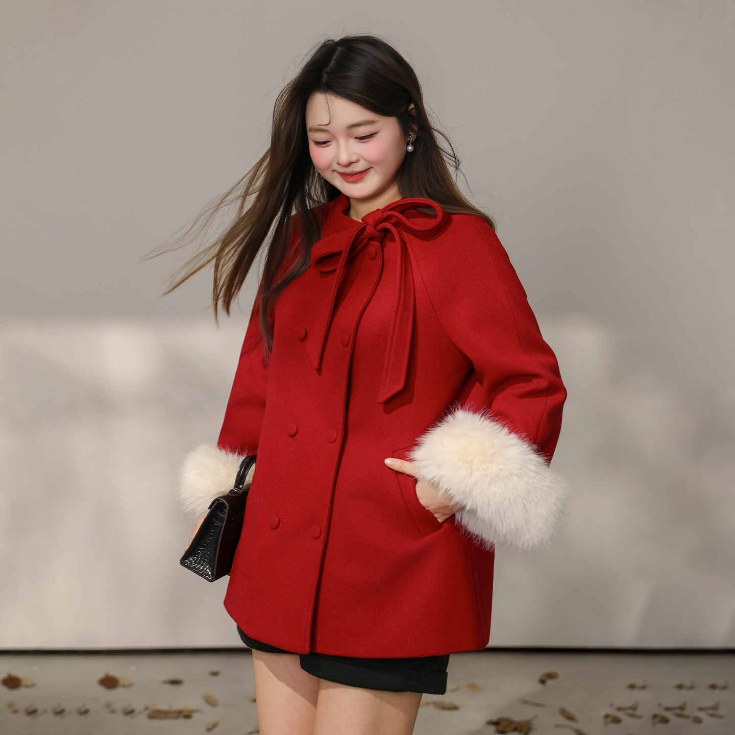 【新年焕新红色战袍】DM100大码气质千金风红色夹棉毛呢大衣外套,淘宝优惠券,粉丝福利购,淘宝优惠卷