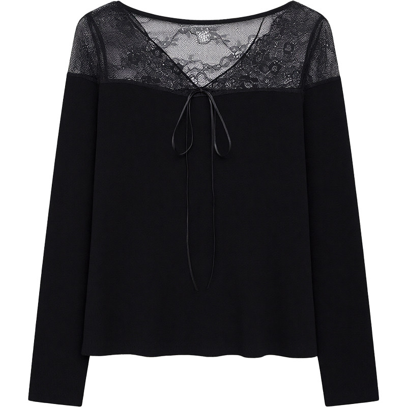 DM100大码百分百女装微胖mm冬季氛围感蕾丝拼接弹力针织T恤打底衫,淘宝优惠券,粉丝福利购,淘宝优惠卷