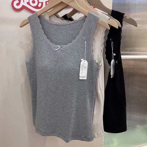 朴怡优品9828秋冬女新款蕾丝花边圆领带胸垫美背文胸打底保暖背心 - 图1