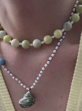韩式度假风柠檬石项链女小众高级感锁骨链气质海螺天然珍珠颈饰品