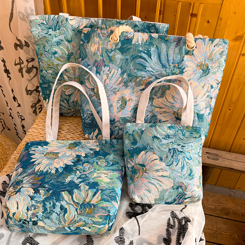 莫奈花园文艺小清新帆布包学生书包补习单肩包大容量手提包购物袋 - 图1