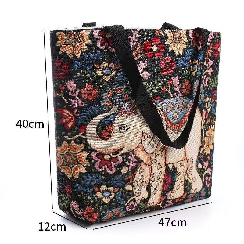 民族风黑花大象帆布包双面提花绣加金丝单肩帆布拉链手提托特,淘宝优惠券,粉丝福利购,淘宝优惠卷