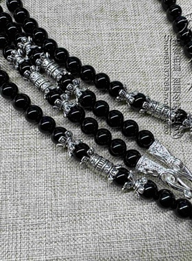 黑玛瑙水晶民族风唐卡项链银色泰国佛牌双层毛衣挂链可订其他款式