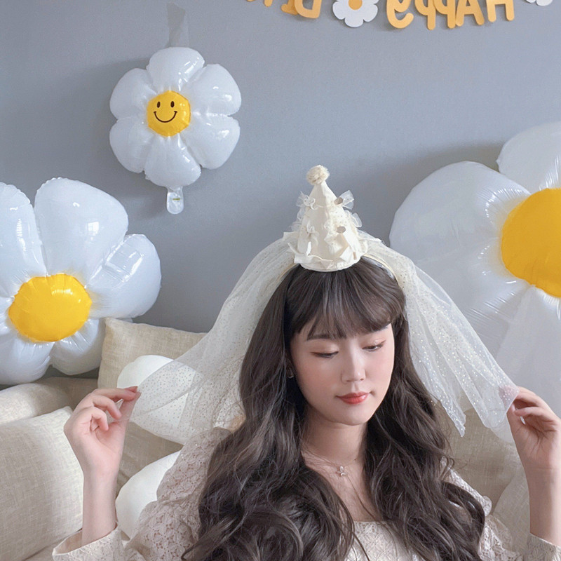 新款公主风头纱女孩生日帽发箍帽子儿童宝宝拍照头饰小礼帽不勒头