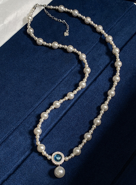 天然海蓝宝S家极光珍珠项链纯银