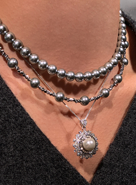 极光灰色珍珠毛衣项链轻奢高级感