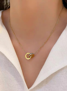 罗马双环锆石项链女钛钢不掉色小众设计感轻奢锁骨链百搭网红饰品