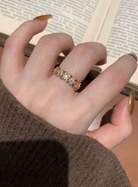 镀K金可调节法式复古新款闪钻鸢尾花戒指女轻奢高级感小众食指戒