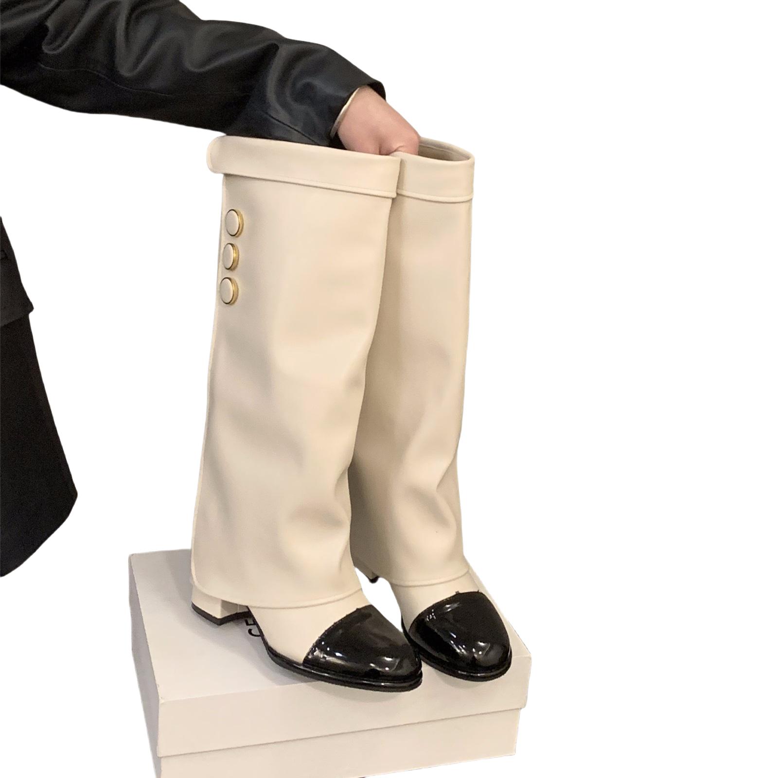 香港高跟小香风拼色高筒骑士靴女鞋2025新款秋季卡其色长筒长靴子 - 图3