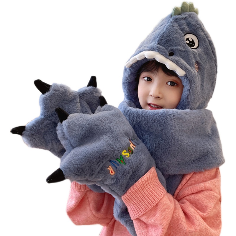 冬季帽子女围巾手套一体儿童3D卡通可爱加绒保暖学生小恐龙三件套