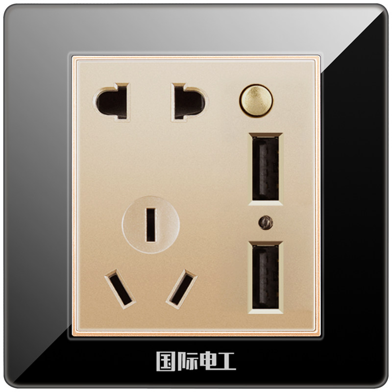 【带开关五孔双USB】国际电工开关插座面板86型家用墙壁五孔双USB_虎窝淘
