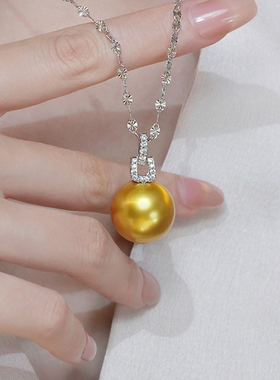 挚彩珠宝母贝珍珠颈链大颗粒南洋浓金色吊坠纯银正圆强光送妈妈女