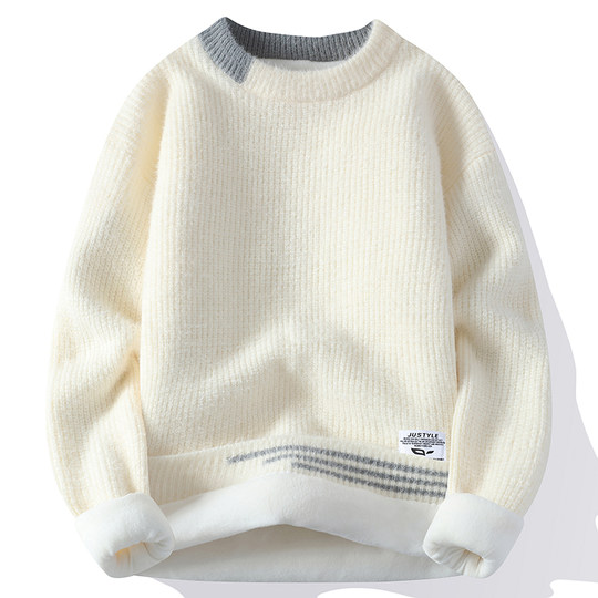 Scarecrow plus velvet soft and waxy loose round neck sweater for men