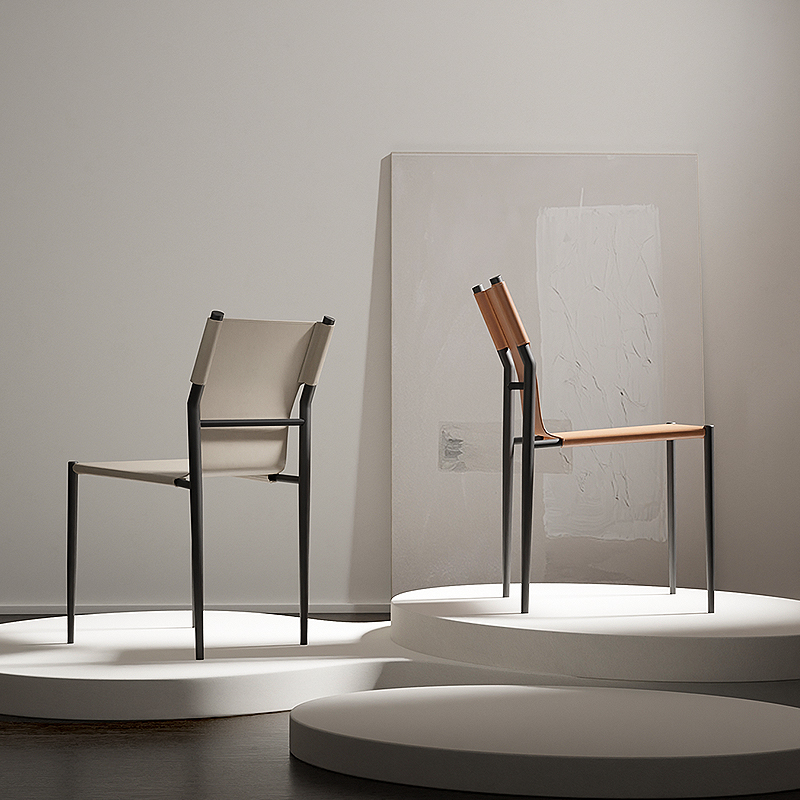意式极简马鞍皮餐椅家用工业风不锈钢铁艺椅设计师北欧靠背餐桌椅-图0