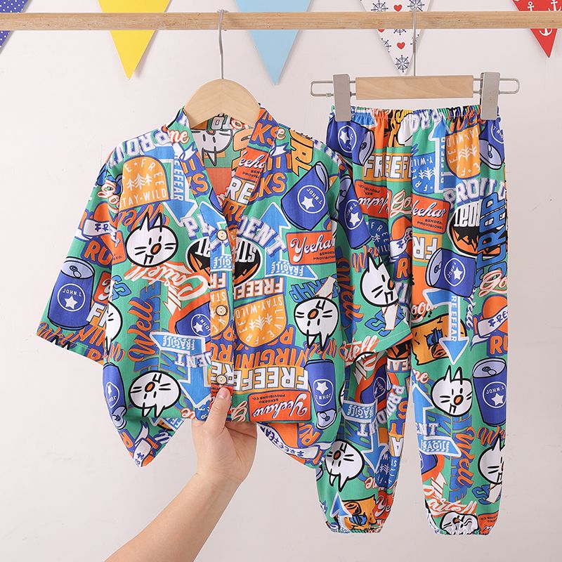 七分袖长裤套装夏季儿童绵绸睡衣男童女童棉绸薄款宝宝空调家居服 - 图0