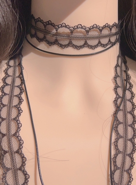 原创设计个性气质黑色蕾丝双层叠戴项圈颈带choker气质百搭飘带