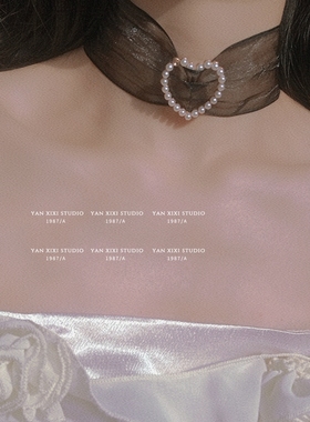 原创设计超仙气质网纱珍珠choker宽边甜美个性百搭锁骨链项圈颈带