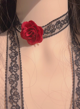 黑色性感气质蕾丝花边酒红色花朵长款叠戴项圈颈带choker百搭项链