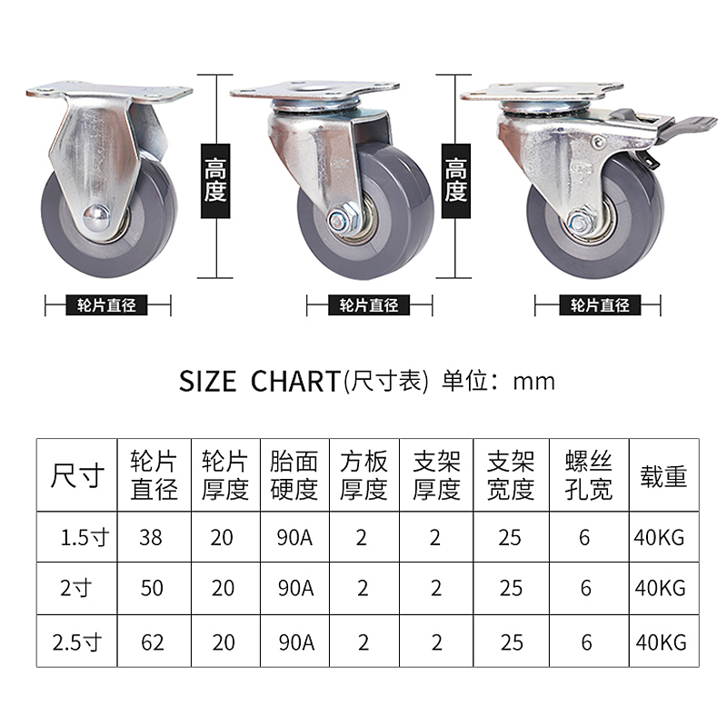 易得力静音重型万向轮带刹车家具柜子茶几箱包1.5寸2.5寸定向脚轮-图3