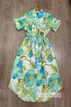 24 years in spring and summer new A Home Blue green flower printed linen short sleeves lace long style shirt collar dress