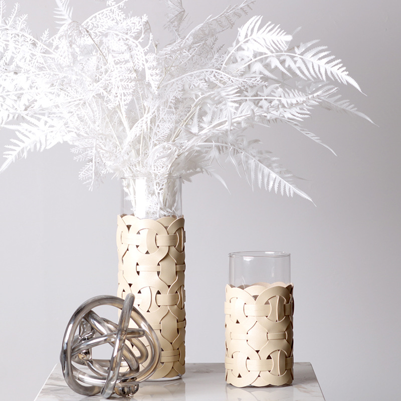 现代轻奢水培玻璃花瓶桌面高级感编织皮革花器餐厅花插样板间摆件 - 图0