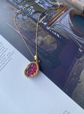 Vintage 复古老物龙息石火山琉璃手工串珠项链925银镀金链