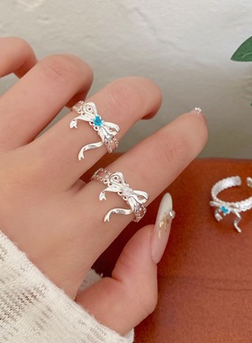 韩版简约丝带蝴蝶结星星钻戒指可调节女小众高级感气质开口指环