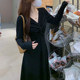 Large size autumn and winter French Hepburn style v-neck with black inner