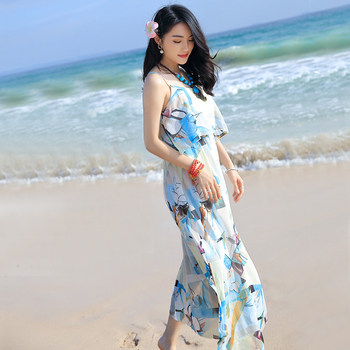 Summer ໃຫມ່ suspender skirt ແອວສູງ chiffon dress seaside vacation ຫາດຊາຍ skirt bohemian ຍາວ skirt ສໍາລັບແມ່ຍິງ