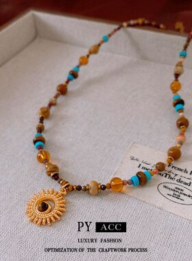 钛钢天然石太阳吊坠不锈钢项链欧美风美拉德气质锁骨链小众饰品