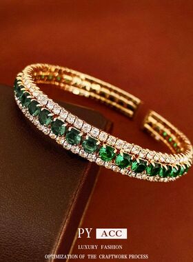 祖母绿方形镶钻开口手环时尚气质高级感手镯法式轻奢百搭个性手饰