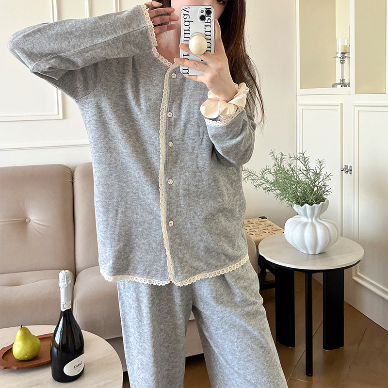 韩系小香风雪花蕾丝睡衣套装女秋冬款简约高级家居服二件套宽松 - 图3