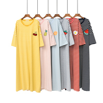 Pure Cotton Sleeping Skirt Woman Summer Casual Short Sleeve Striped Round Collar Big Code Loose Fat MM Home Skirt Sleepwear Long Skirt